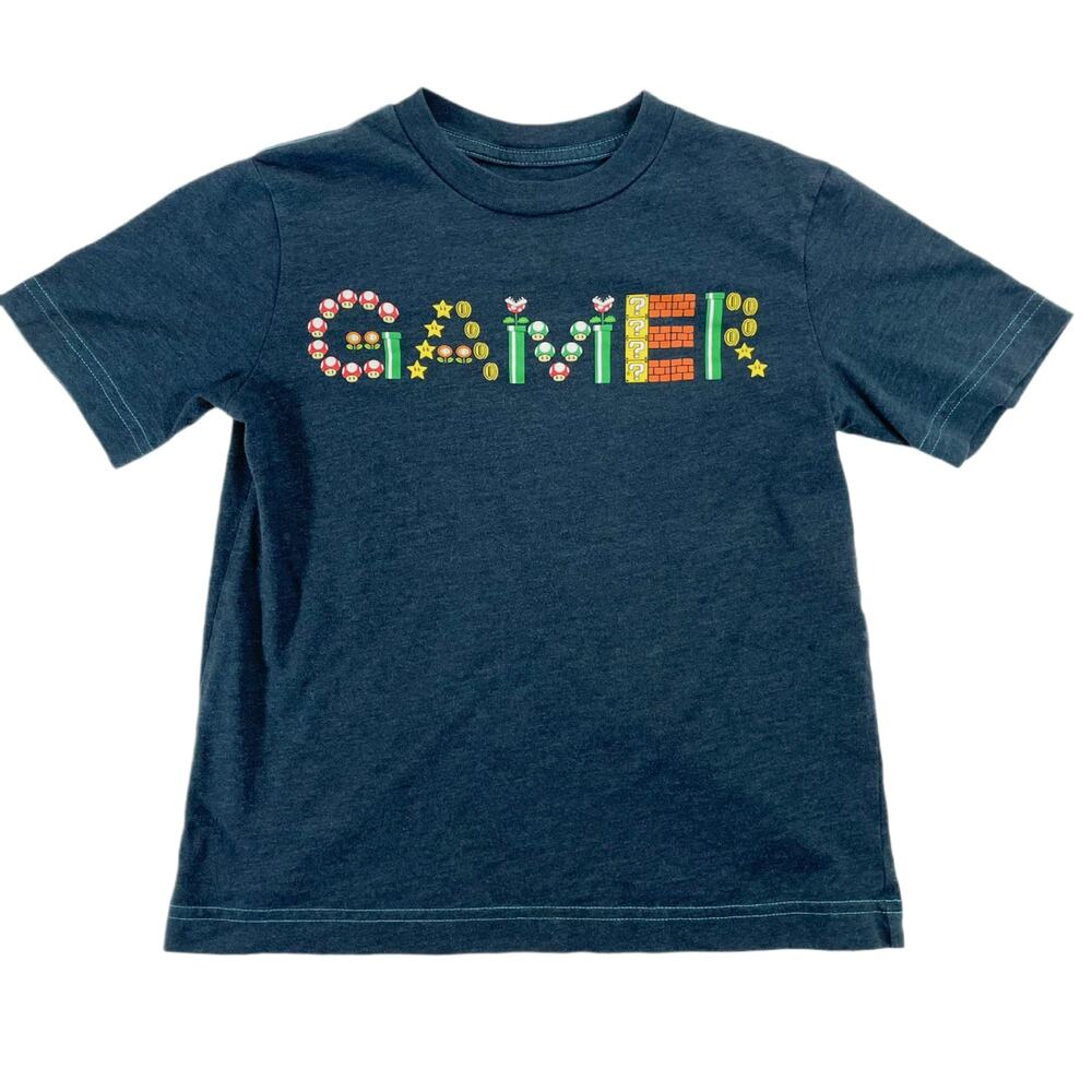 Nintendo Super Mario Gamer T-Shirt Kids Size XS Heather Charcoal Grey Symbols